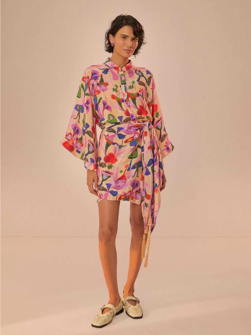 FARM Rio Pink Floral Tie-Waist Mini Dress Fairies Sand